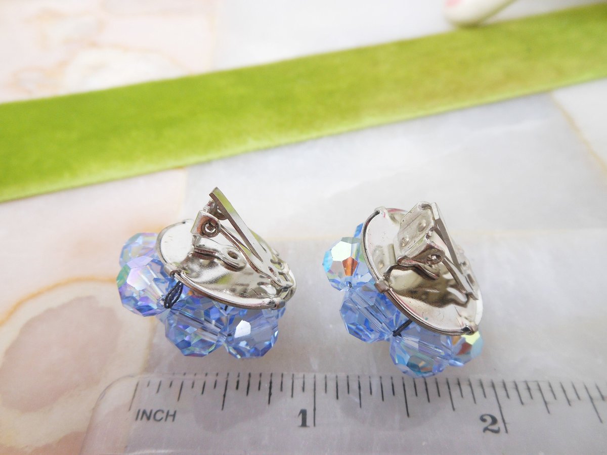 Vintage Blue Crystal Cluster Earrings Clip On Aurora Borealis Bead Prom Party Glam Mid Century Jewelry Gift, VivianJoel.com