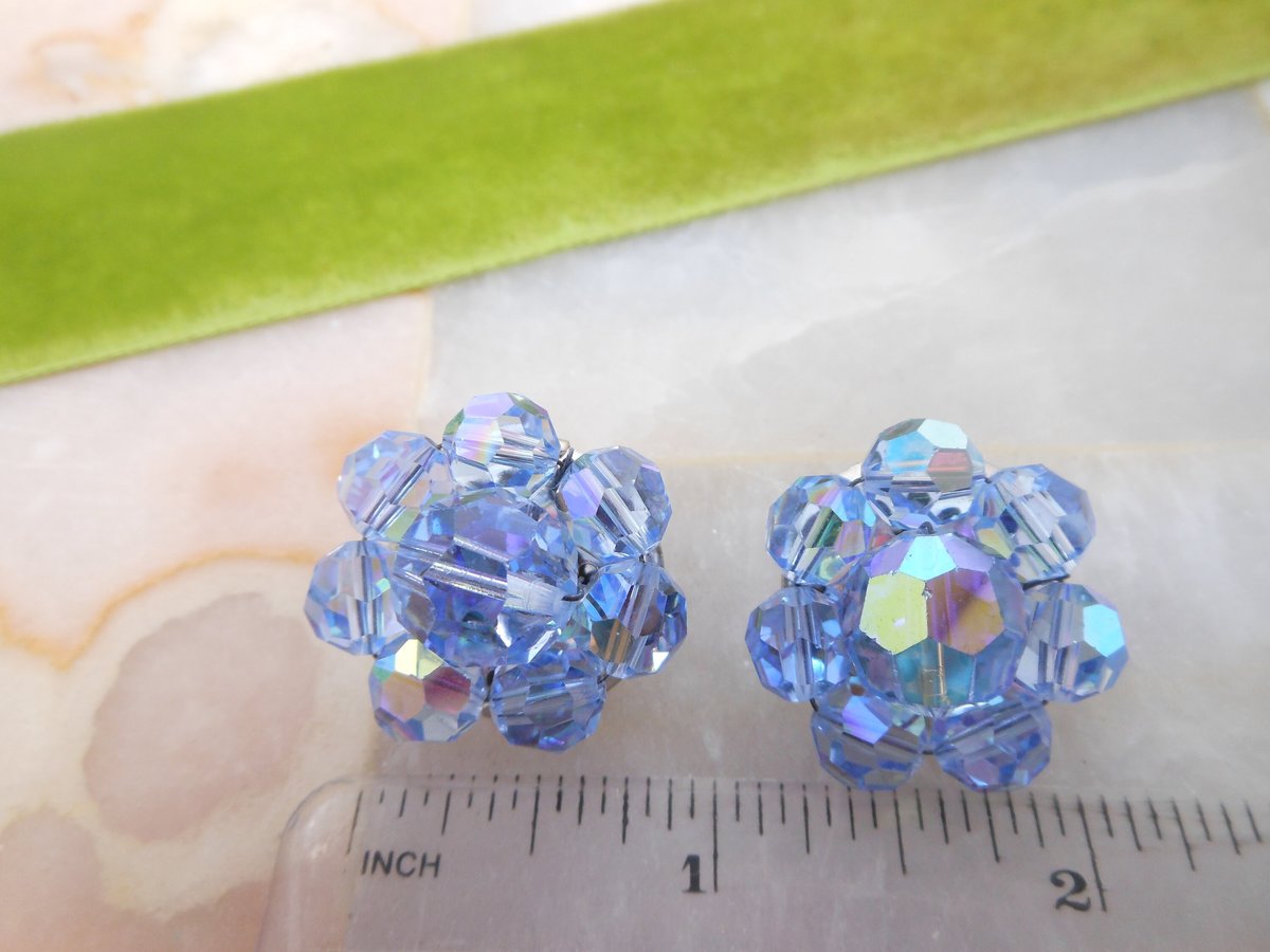 Vintage Blue Crystal Cluster Earrings Clip On Aurora Borealis Bead Prom Party Glam Mid Century Jewelry Gift, VivianJoel.com