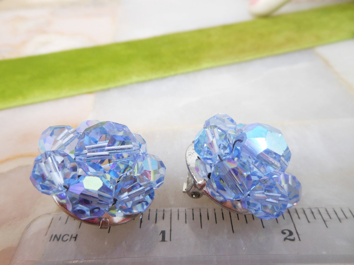 Vintage Blue Crystal Cluster Earrings Clip On Aurora Borealis Bead Prom Party Glam Mid Century Jewelry Gift, VivianJoel.com