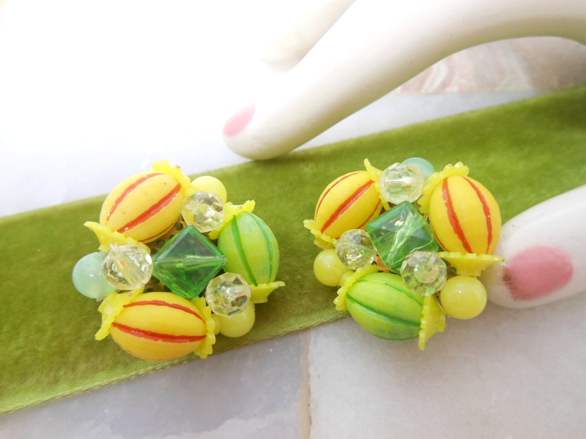 Vintage WEST GERMANY Citrus Earrings Clip On Cluster Plastic Bead Carmen Miranda Tropical Designer Jewelry Mid Century, VivianJoel.com