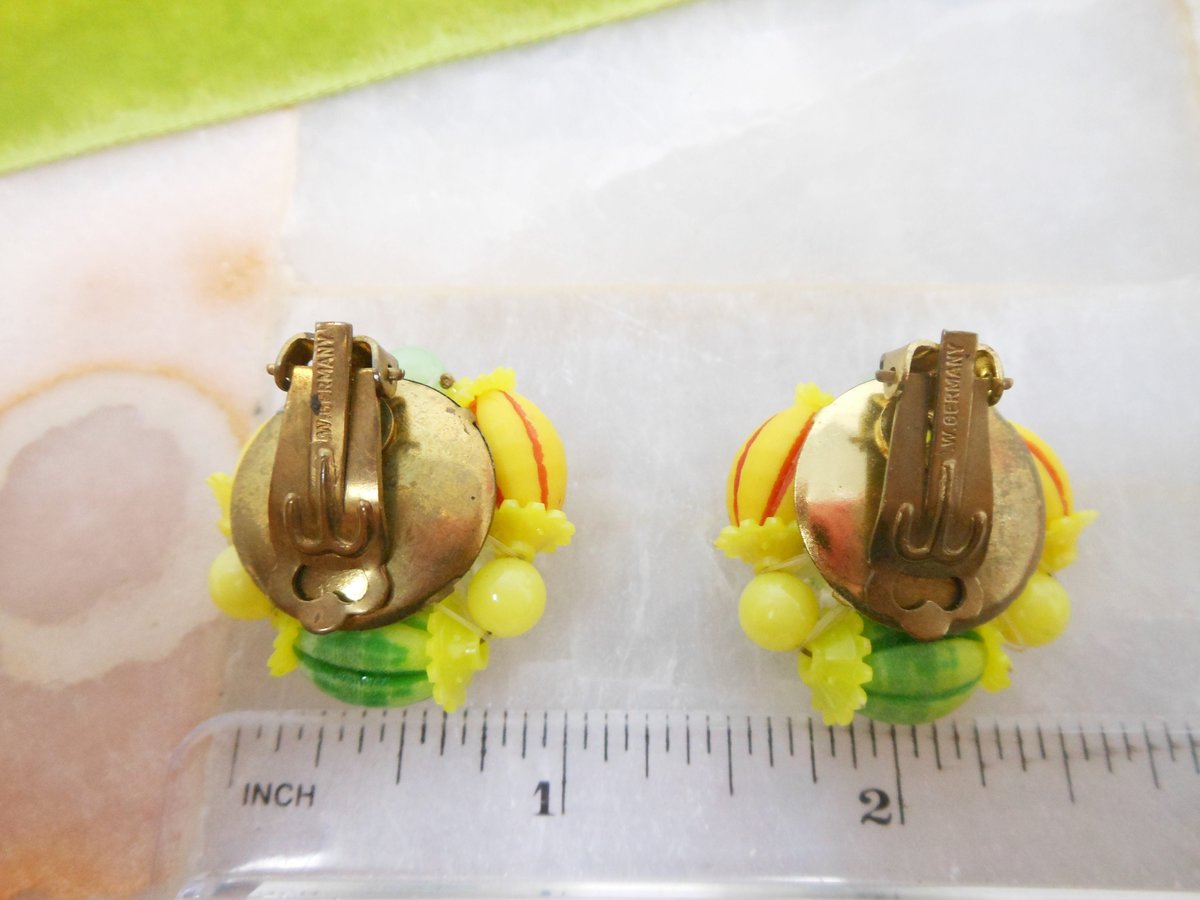 Vintage WEST GERMANY Citrus Earrings Clip On Cluster Plastic Bead Carmen Miranda Tropical Designer Jewelry Mid Century, VivianJoel.com