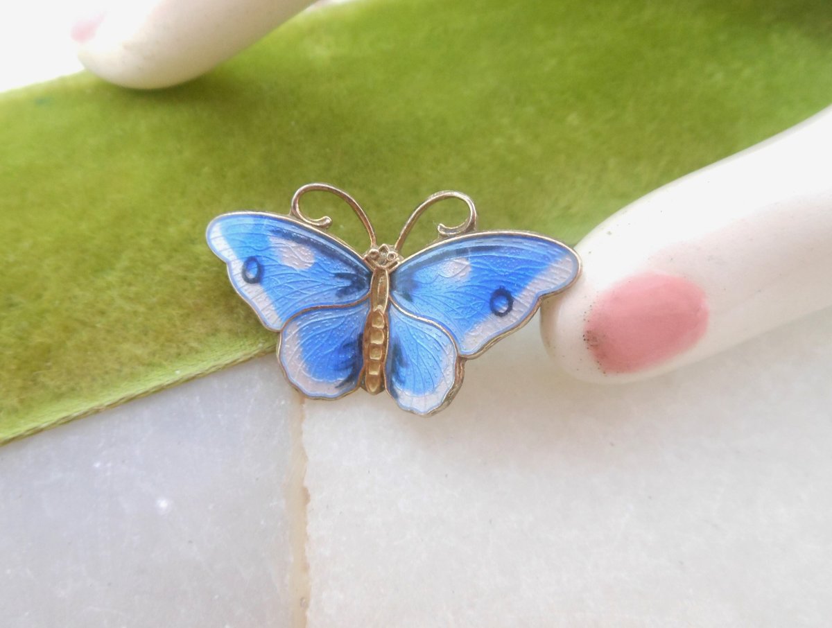 Vintage HROAR PRYDZ Norway STERLING Silver Butterfly Brooch Blue Enamel Guilloche Figural Pin 925 Mid Century Jewelry, VivianJoel.com