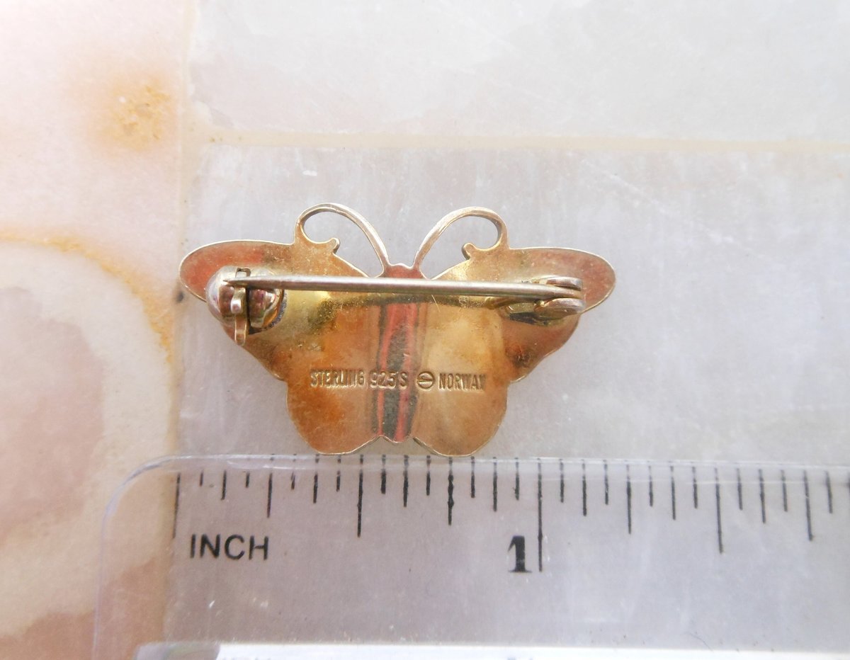 Vintage HROAR PRYDZ Norway STERLING Silver Butterfly Brooch Blue Enamel Guilloche Figural Pin 925 Mid Century Jewelry, VivianJoel.com