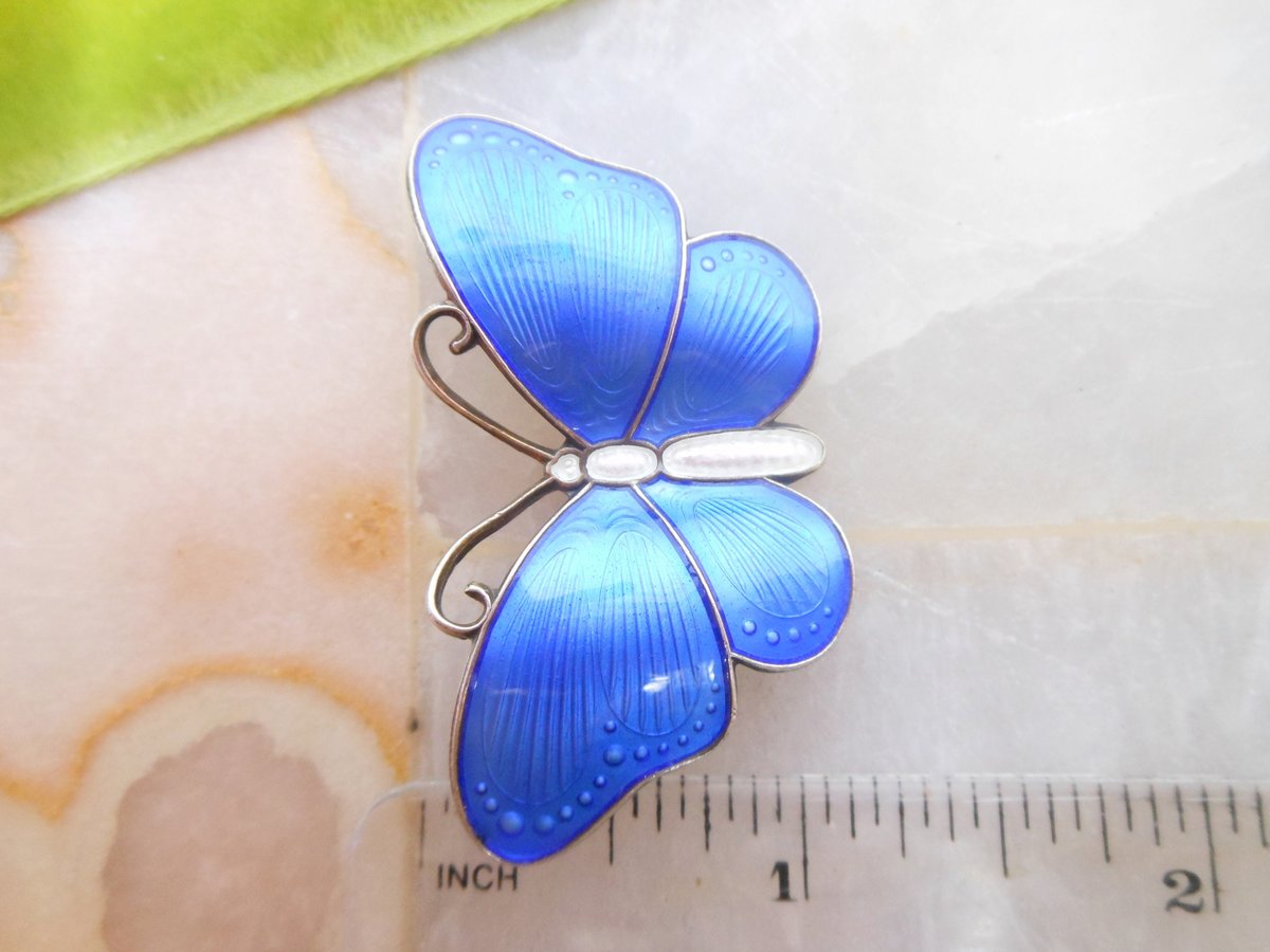 Vintage Norway STERLING SILVER Butterfly Brooch Hroar Prydz Enamel Guilloche Figural Pin 925 Mid Century Jewelry, VivianJoel.com
