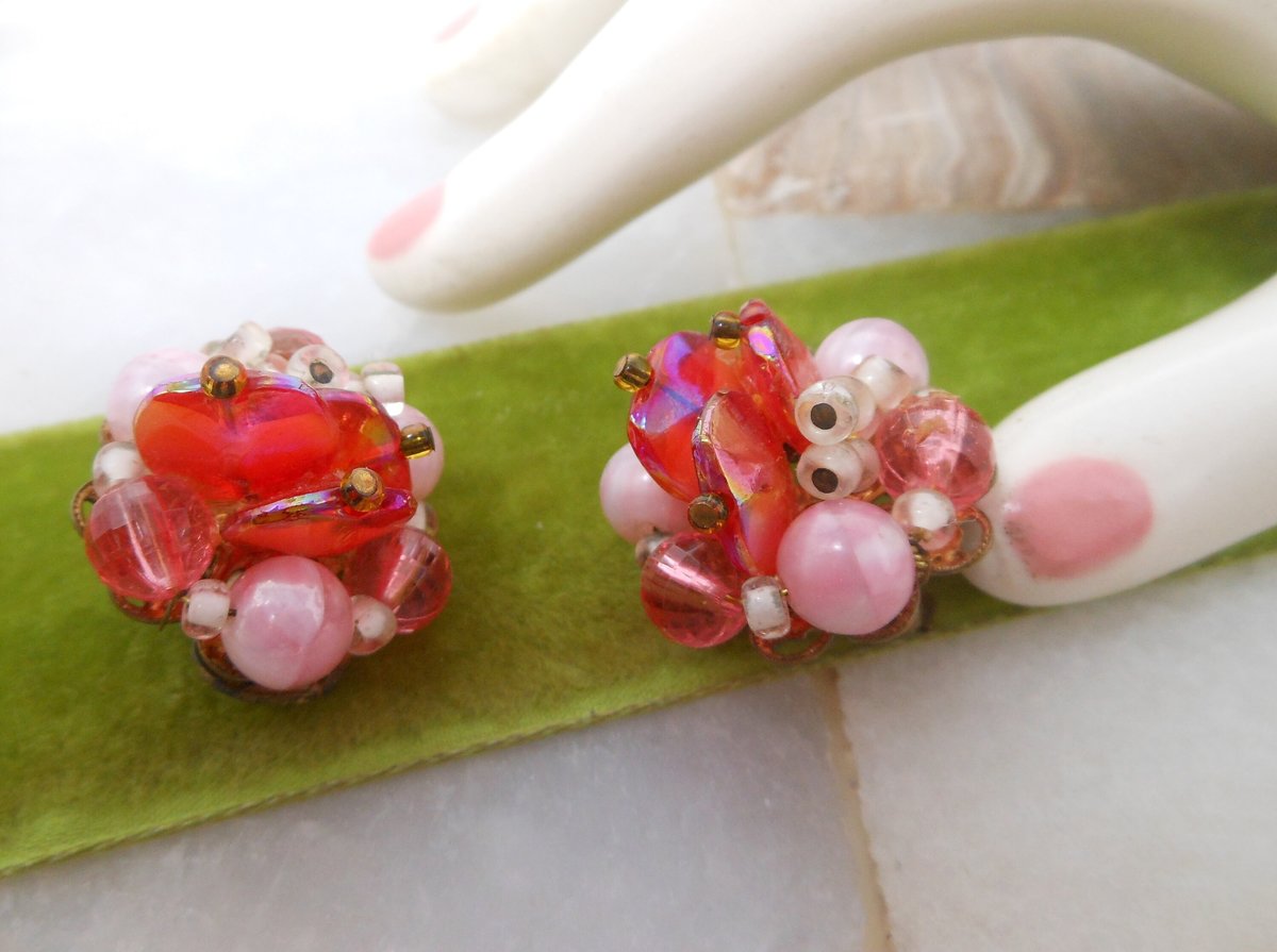 Vintage Pink Glass Earrings Cluster Clip On Aurora Borealis Bead Prom Party Glam Mid Century Jewelry Gift, VivianJoel.com
