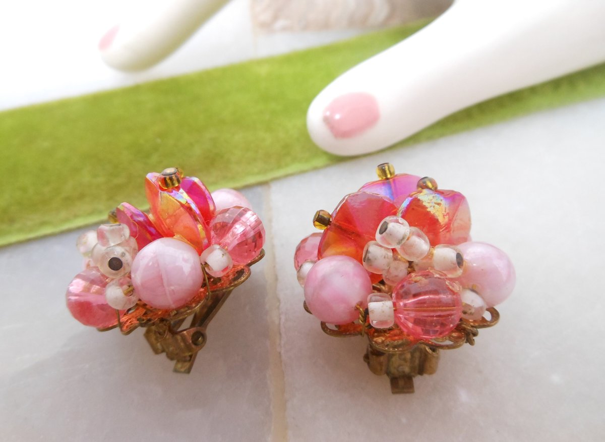 Vintage Pink Glass Earrings Cluster Clip On Aurora Borealis Bead Prom Party Glam Mid Century Jewelry Gift, VivianJoel.com