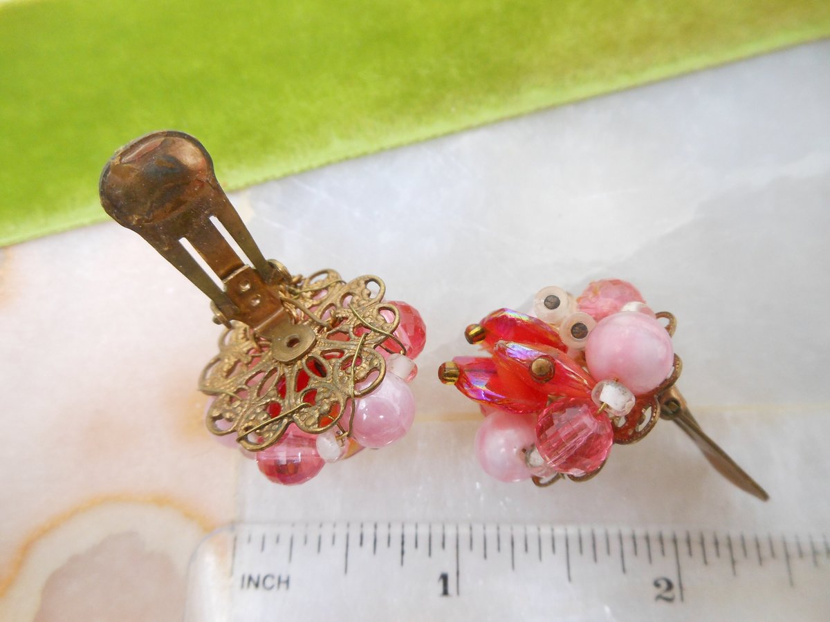 Vintage Pink Glass Earrings Cluster Clip On Aurora Borealis Bead Prom Party Glam Mid Century Jewelry Gift, VivianJoel.com