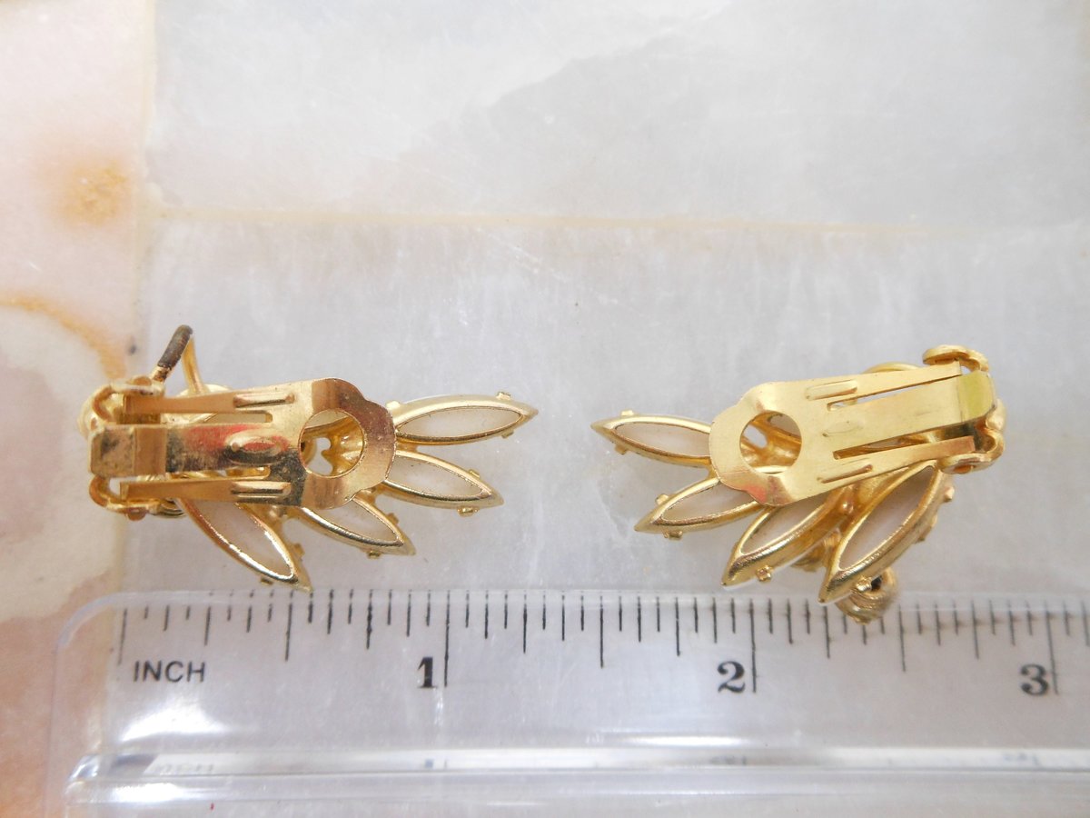 Vintage JULIANA Earrings White Milk Glass Flower AB Rhinestone Ear Climber Clip On Wedding Mid Century Jewelry, VivianJoel.com