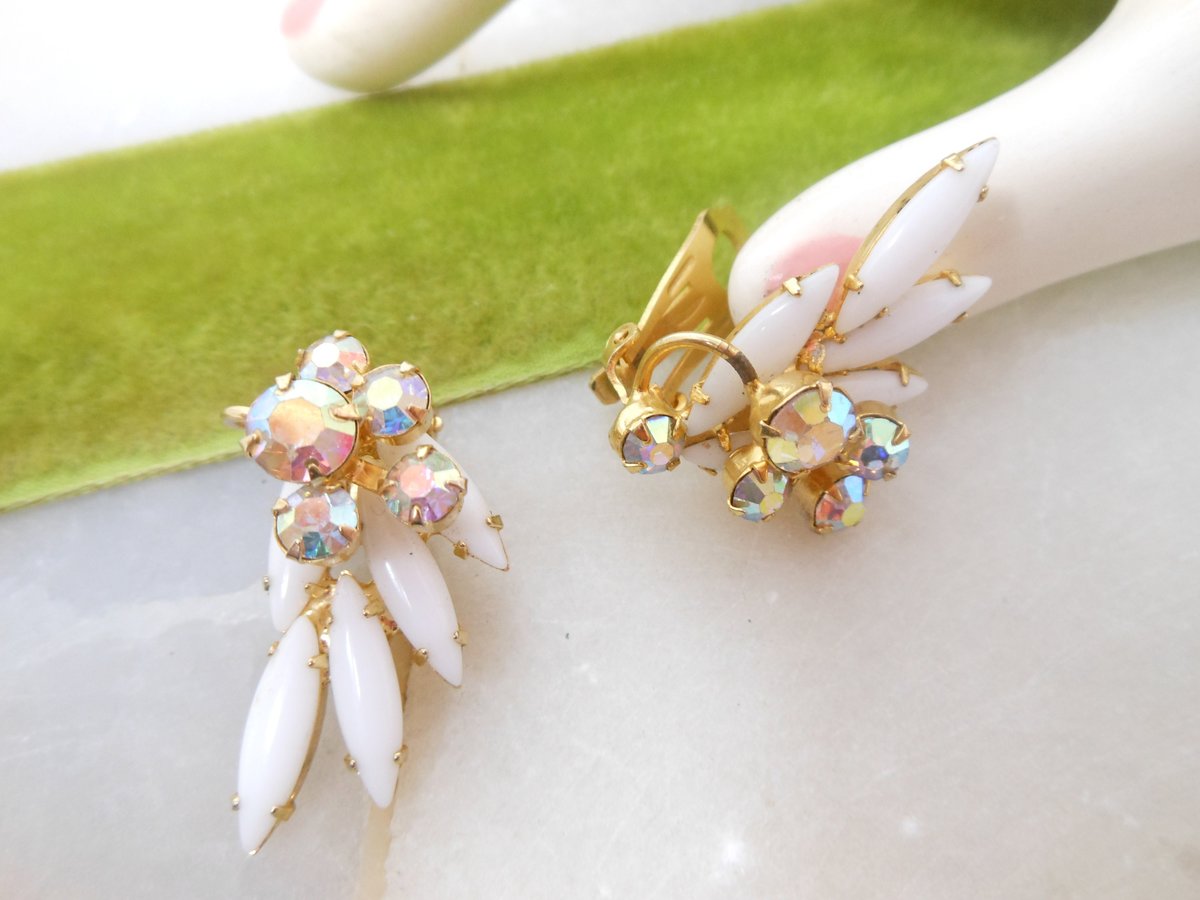 Vintage JULIANA Earrings White Milk Glass Flower AB Rhinestone Ear Climber Clip On Wedding Mid Century Jewelry, VivianJoel.com