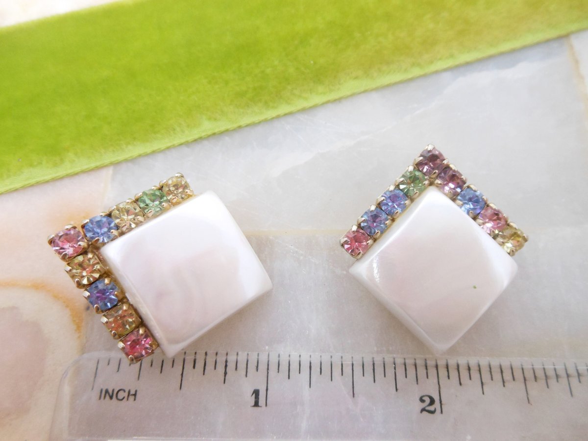 Vintage Pastel Rhinestone Earrings Pearly White Moonglow Plastic Mod Disco Jewelry Gift Mid Century, VivianJoel.com