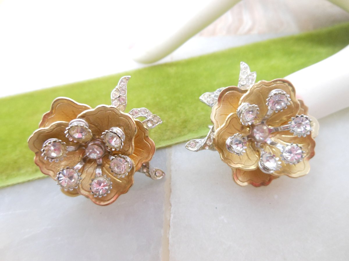 Vintage Rhinestone Earrings Clip On Layered Flower Blossom Clear Ice Wedding Mid Century Jewelry Gift, VivianJoel.com
