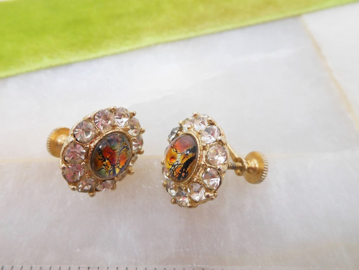 Vintage Opal Art Glass Earrings Screw Back Rhinestone Mid Century Renaissance Regency Revival Jewelry Gift, VivianJoel.com