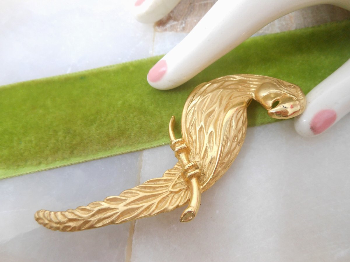 Vintage JJ Huge Parrot Bird Brooch Gold Plate Designer Pin Statement Drama Mid Century Jewelry Gift, VivianJoel.com