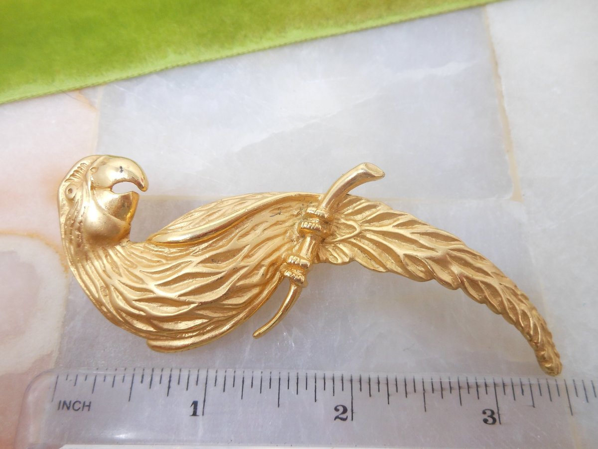 Vintage JJ Huge Parrot Bird Brooch Gold Plate Designer Pin Statement Drama Mid Century Jewelry Gift, VivianJoel.com
