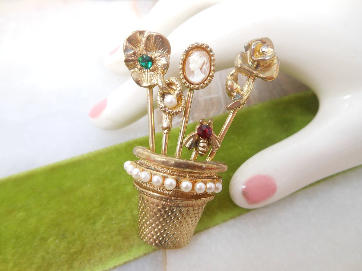 Vintage GOLDETTE Stick Pin Brooch Thimble Bouquet Cameo Bee Snake Ornate Victorian Revival Designer Mid Century Jewelry Gift, VivianJoel.com