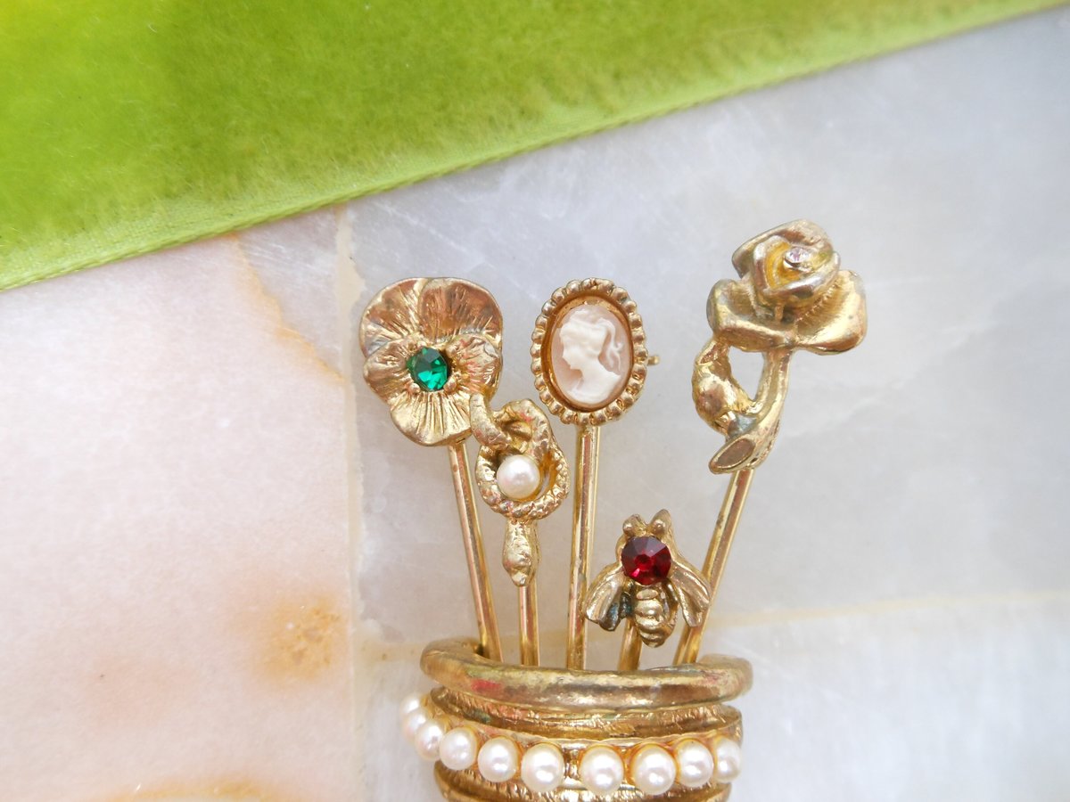 Vintage GOLDETTE Stick Pin Brooch Thimble Bouquet Cameo Bee Snake Ornate Victorian Revival Designer Mid Century Jewelry Gift, VivianJoel.com