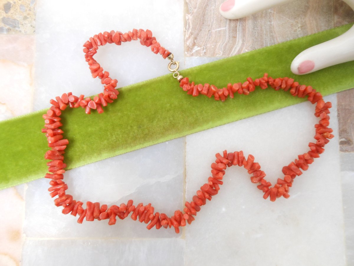 Vintage Coral Bead Branch Fringe Collar Necklace Salmon Orange 19" Mid Century Beach Tropical Jewelry Gift, VivianJoel.com