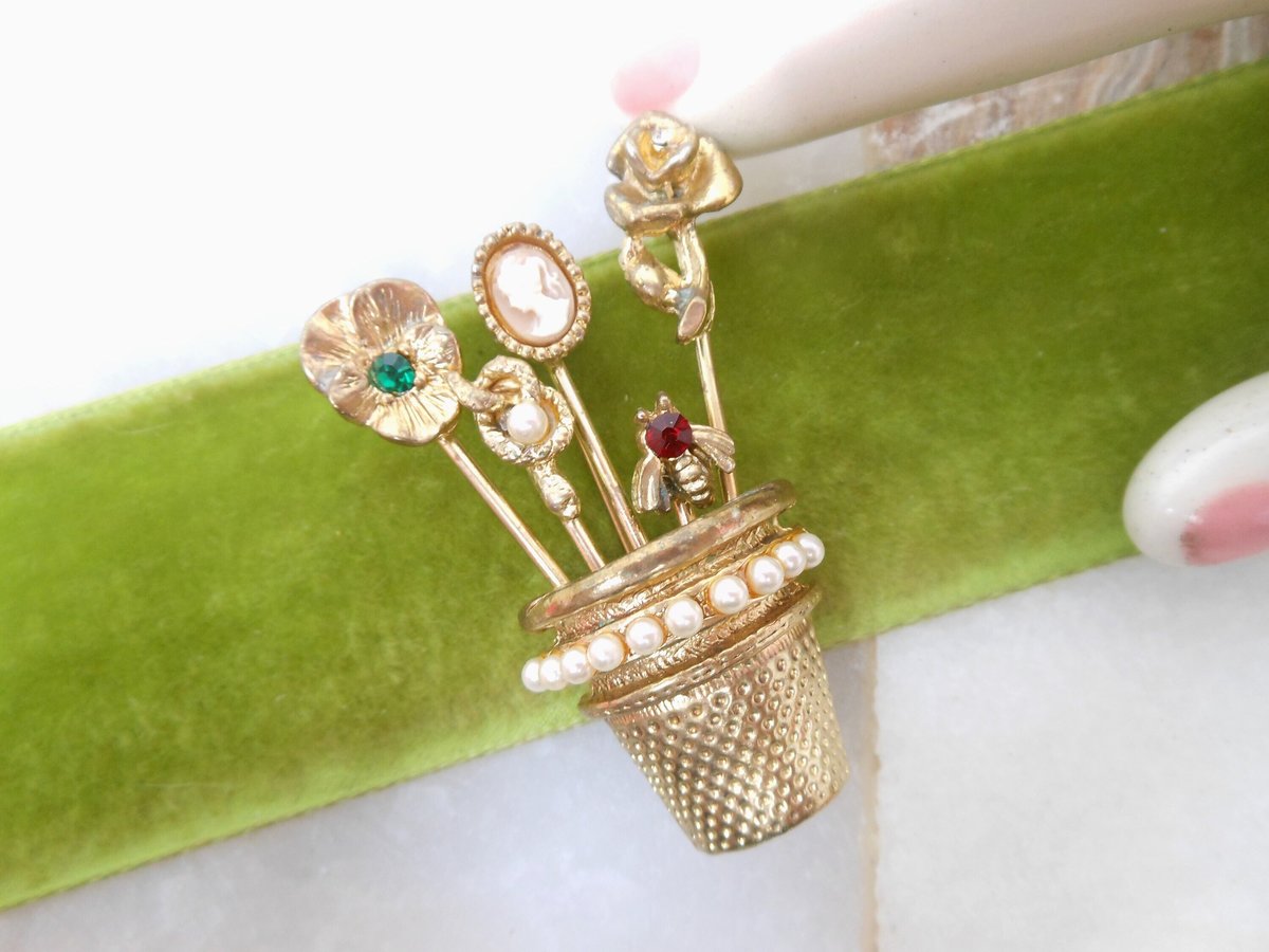 Vintage GOLDETTE Stick Pin Brooch Thimble Bouquet Cameo Bee Snake Ornate Victorian Revival Designer Mid Century Jewelry Gift, VivianJoel.com