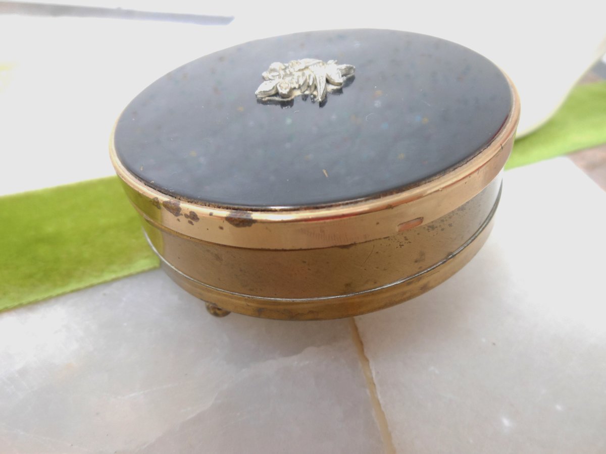 Vintage MARGARET ROSE England Trinket Jewelry Pill Box Enamel Bird Marcasite Brass Mid Century *as is*, VivianJoel.com