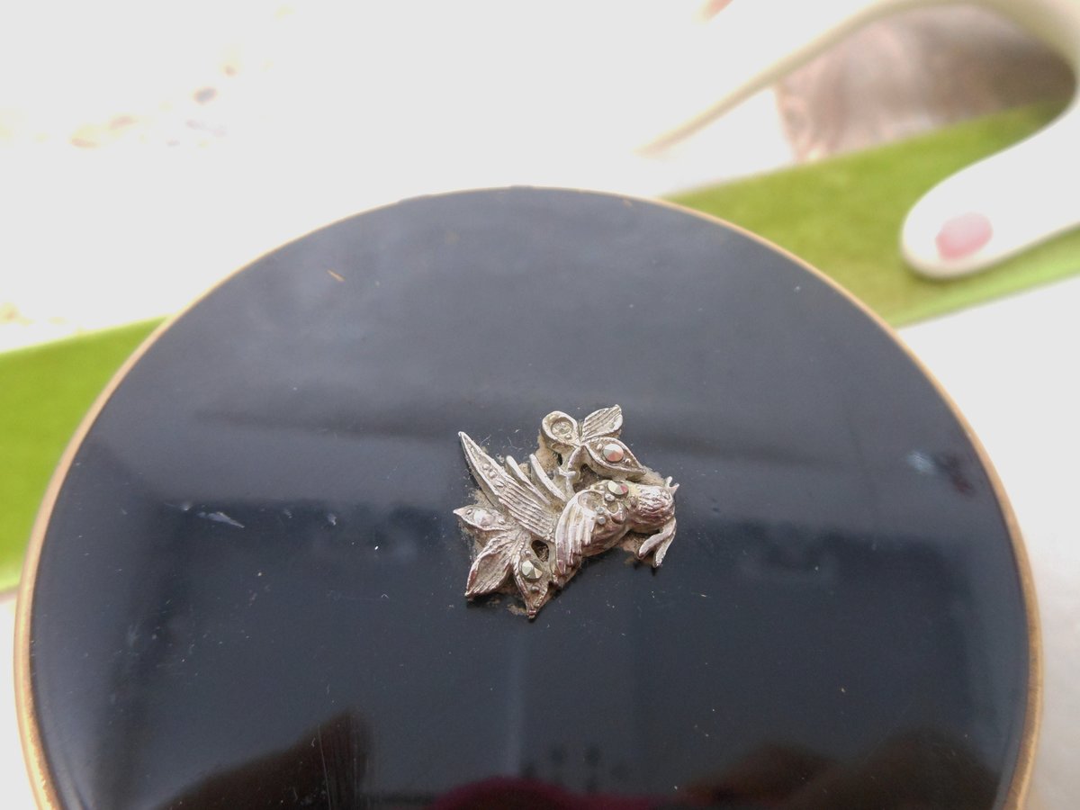 Vintage MARGARET ROSE England Trinket Jewelry Pill Box Enamel Bird Marcasite Brass Mid Century *as is*, VivianJoel.com