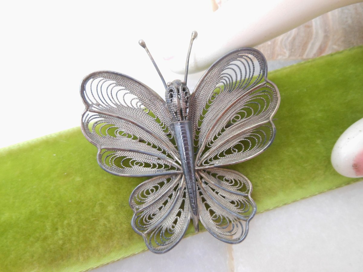 Vintage Cannetille Butterfly Moth Pin Brooch Insect Bug Ornate Silver Figural Mid Century Jewelry Gift, VivianJoel.com
