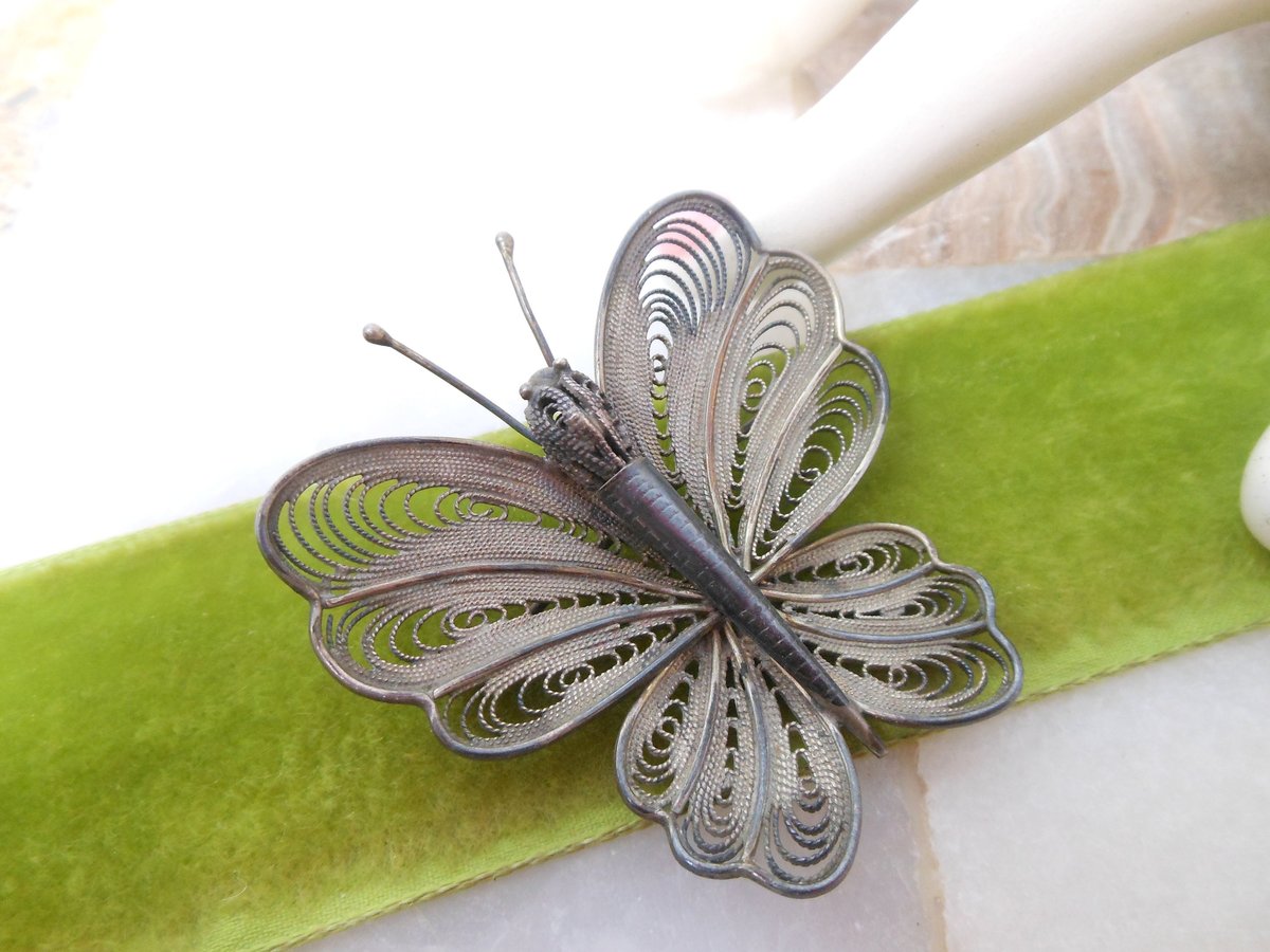Vintage Cannetille Butterfly Moth Pin Brooch Insect Bug Ornate Silver Figural Mid Century Jewelry Gift, VivianJoel.com