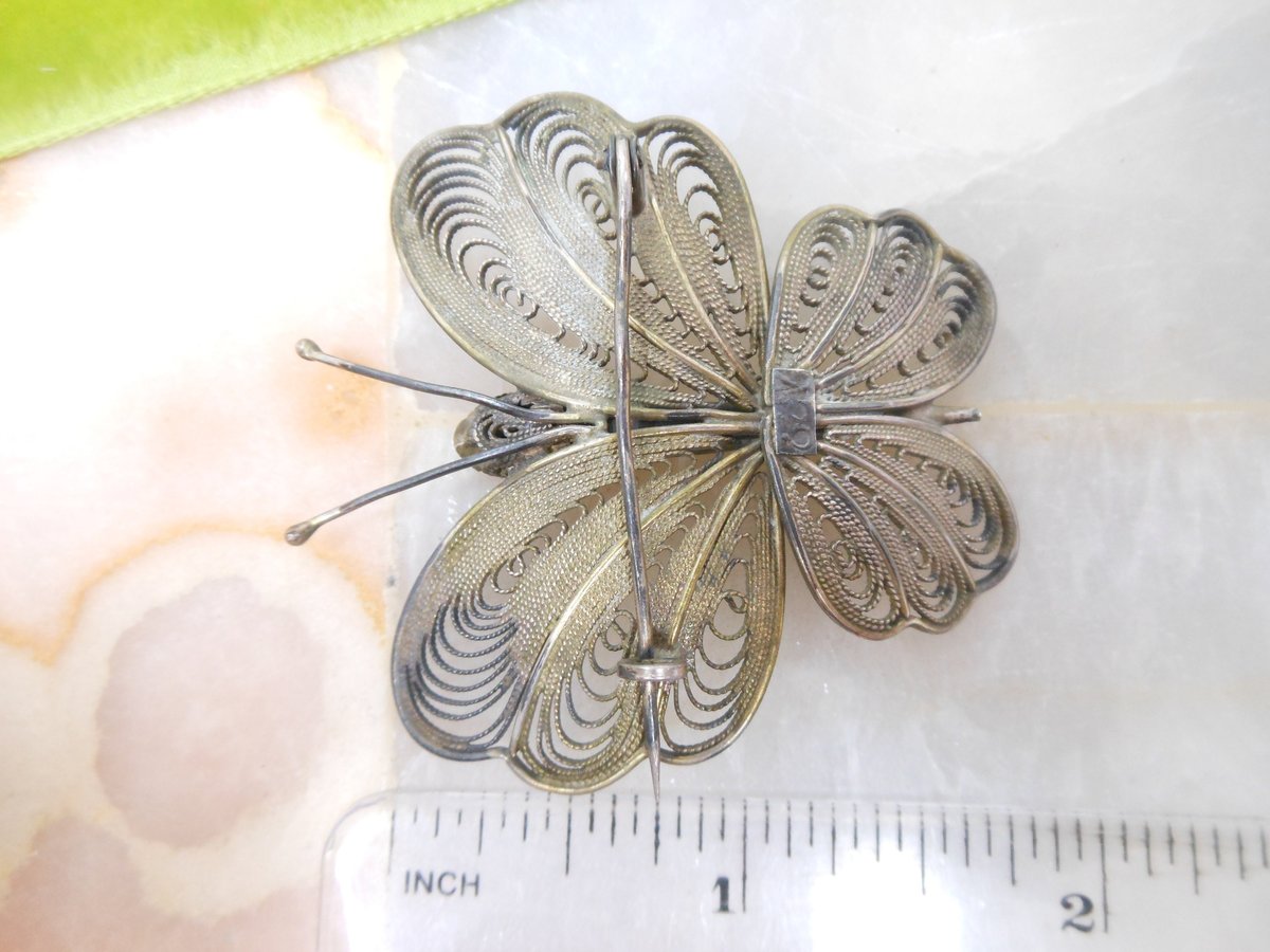 Vintage Cannetille Butterfly Moth Pin Brooch Insect Bug Ornate Silver Figural Mid Century Jewelry Gift, VivianJoel.com