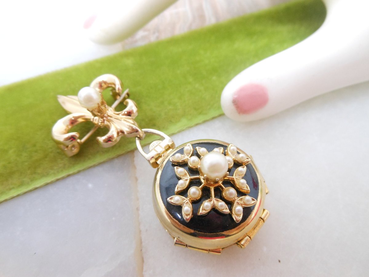 Vintage CORO Pegasus 4 Photo Locket Brooch Black Enamel Charm Fleur De Lis Pearl Mourning Pin Mid Century Jewelry Gift, VivianJoel.com