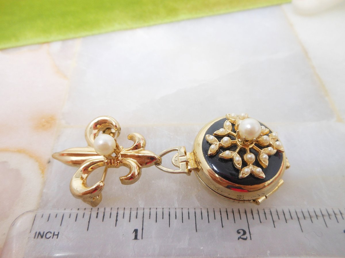 Vintage CORO Pegasus 4 Photo Locket Brooch Black Enamel Charm Fleur De Lis Pearl Mourning Pin Mid Century Jewelry Gift, VivianJoel.com