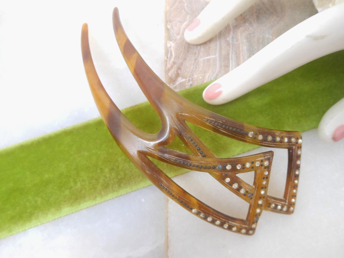 Vintage Art Deco Nouveau Hair Comb Rhinestone Celluloid Bakelite ERA Pave Crystal Plastic Mid Century Jewelry, VivianJoel.com