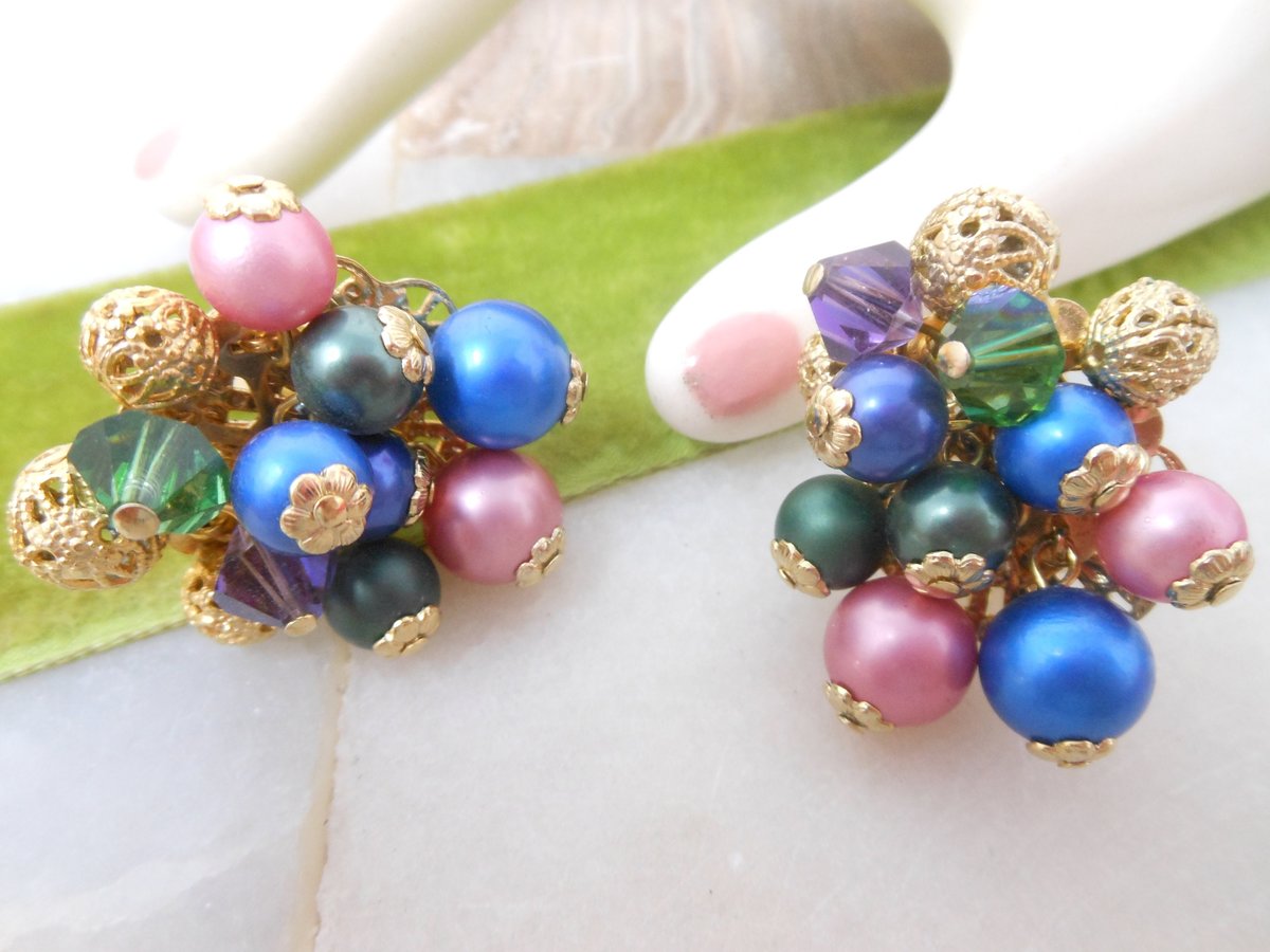 Vintage Cha Cha Bead Earrings PAT PEND Crystal Clip On Dangle Party Glam Designer Mid Century Jewelry Gift, VivianJoel.com