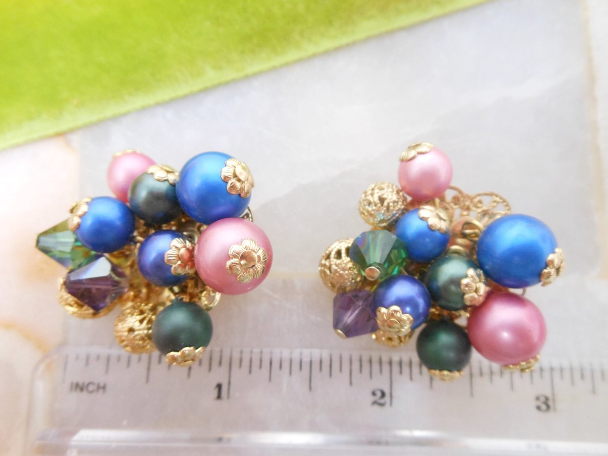 Vintage Cha Cha Bead Earrings PAT PEND Crystal Clip On Dangle Party Glam Designer Mid Century Jewelry Gift, VivianJoel.com