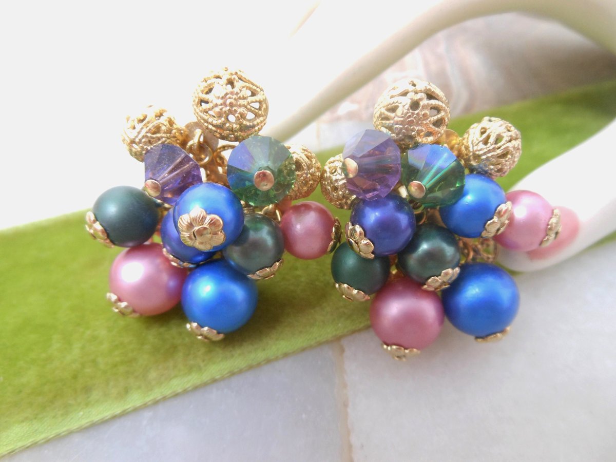 Vintage Cha Cha Bead Earrings PAT PEND Crystal Clip On Dangle Party Glam Designer Mid Century Jewelry Gift, VivianJoel.com