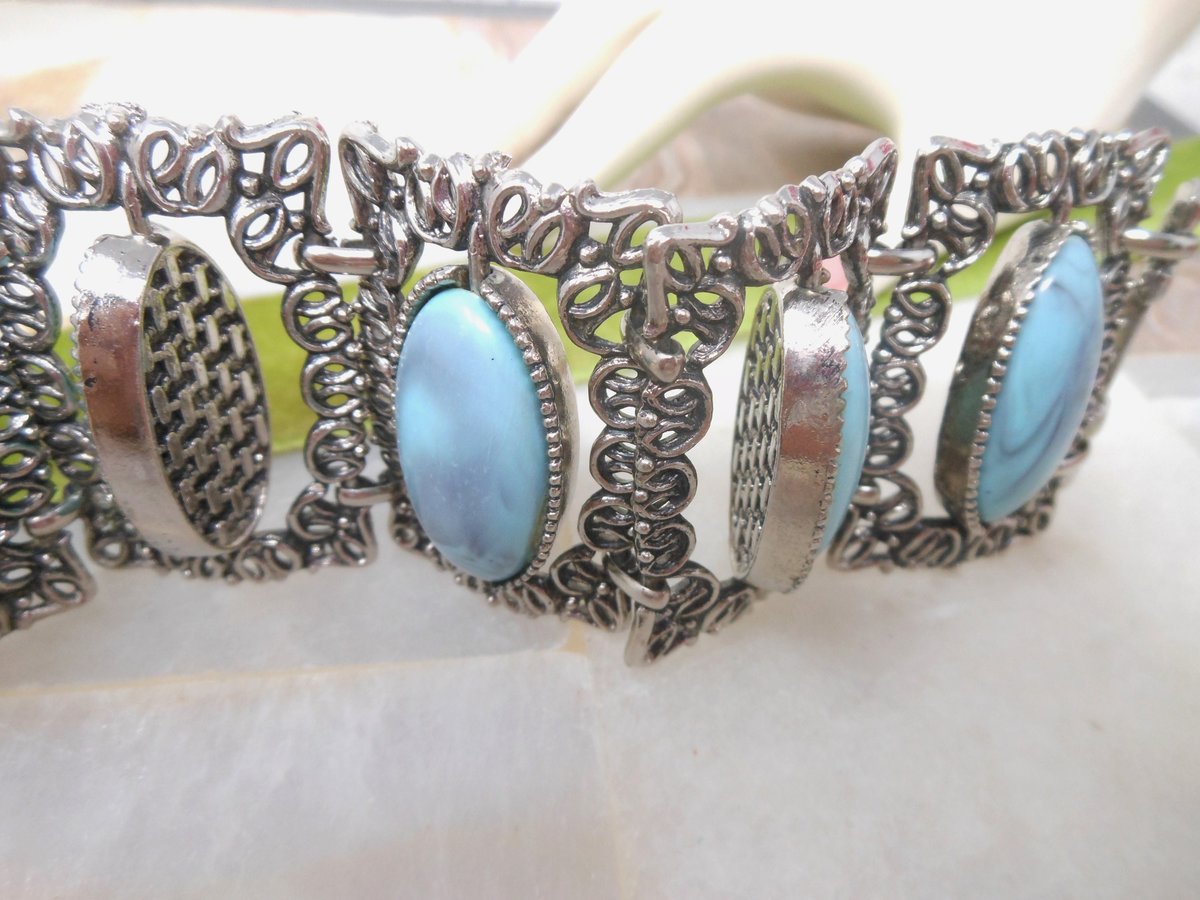 Vintage Bracelet Ornate Faux Blue Turquoise Wide Link Chunky Two Side Flip Link Selro Style Statement Jewelry Mid Century, VivianJoel.com