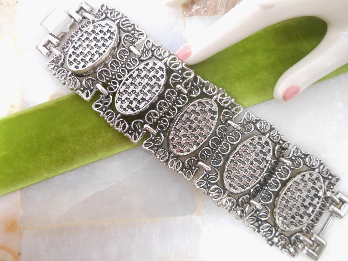 Vintage Bracelet Ornate Faux Blue Turquoise Wide Link Chunky Two Side Flip Link Selro Style Statement Jewelry Mid Century, VivianJoel.com