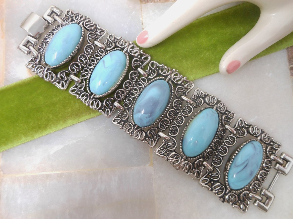 Vintage Bracelet Ornate Faux Blue Turquoise Wide Link Chunky Two Side Flip Link Selro Style Statement Jewelry Mid Century, VivianJoel.com