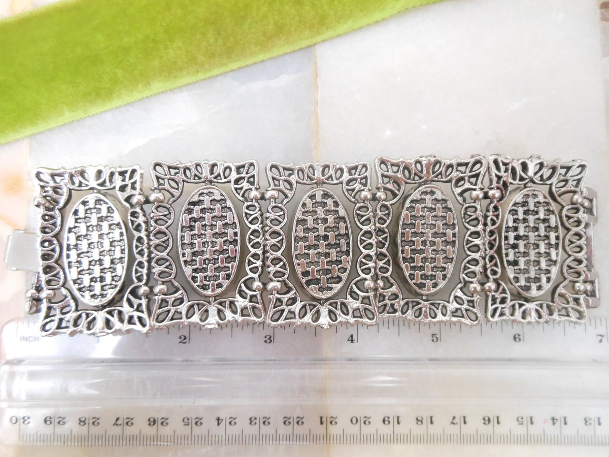 Vintage Bracelet Ornate Faux Blue Turquoise Wide Link Chunky Two Side Flip Link Selro Style Statement Jewelry Mid Century, VivianJoel.com