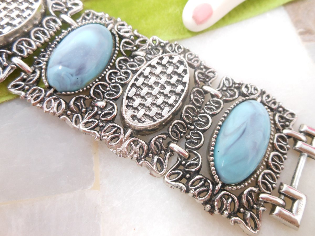 Vintage Bracelet Ornate Faux Blue Turquoise Wide Link Chunky Two Side Flip Link Selro Style Statement Jewelry Mid Century, VivianJoel.com
