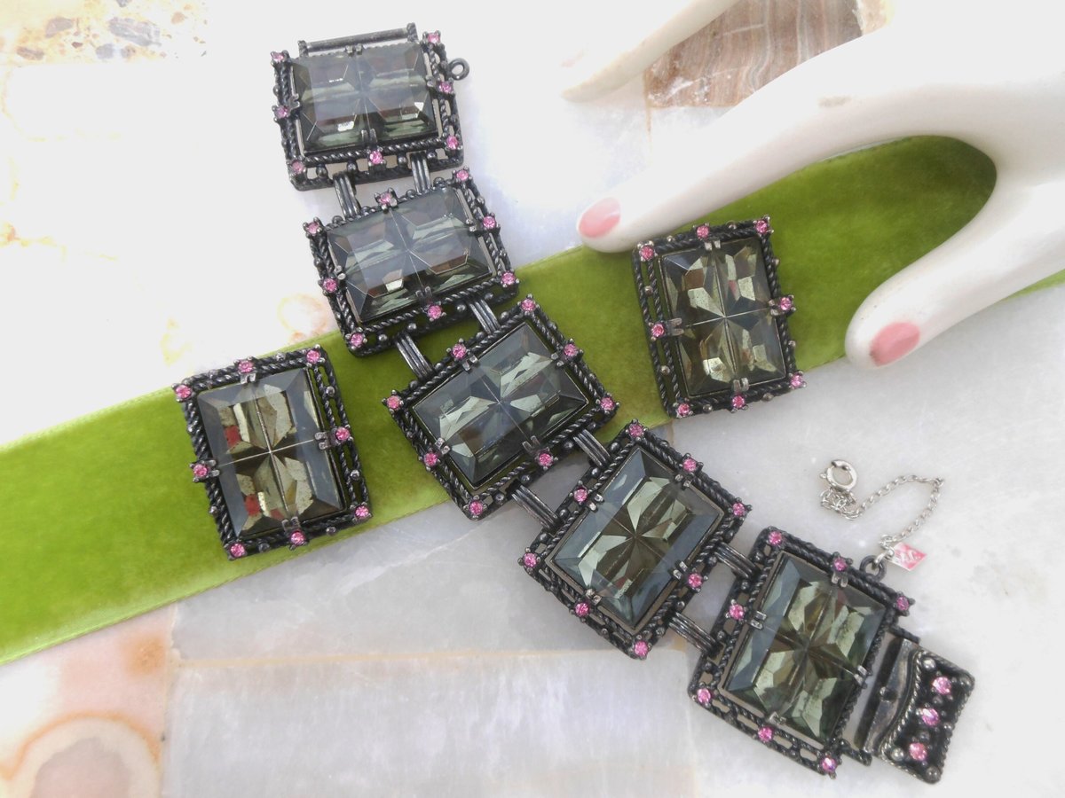 Vintage SARAH COVENTRY Bracelet Earring SET 1960s Midnight Magic Pink Rhinestone Gray Glass Designer Mid CenturyJewelry, VivianJoel.com