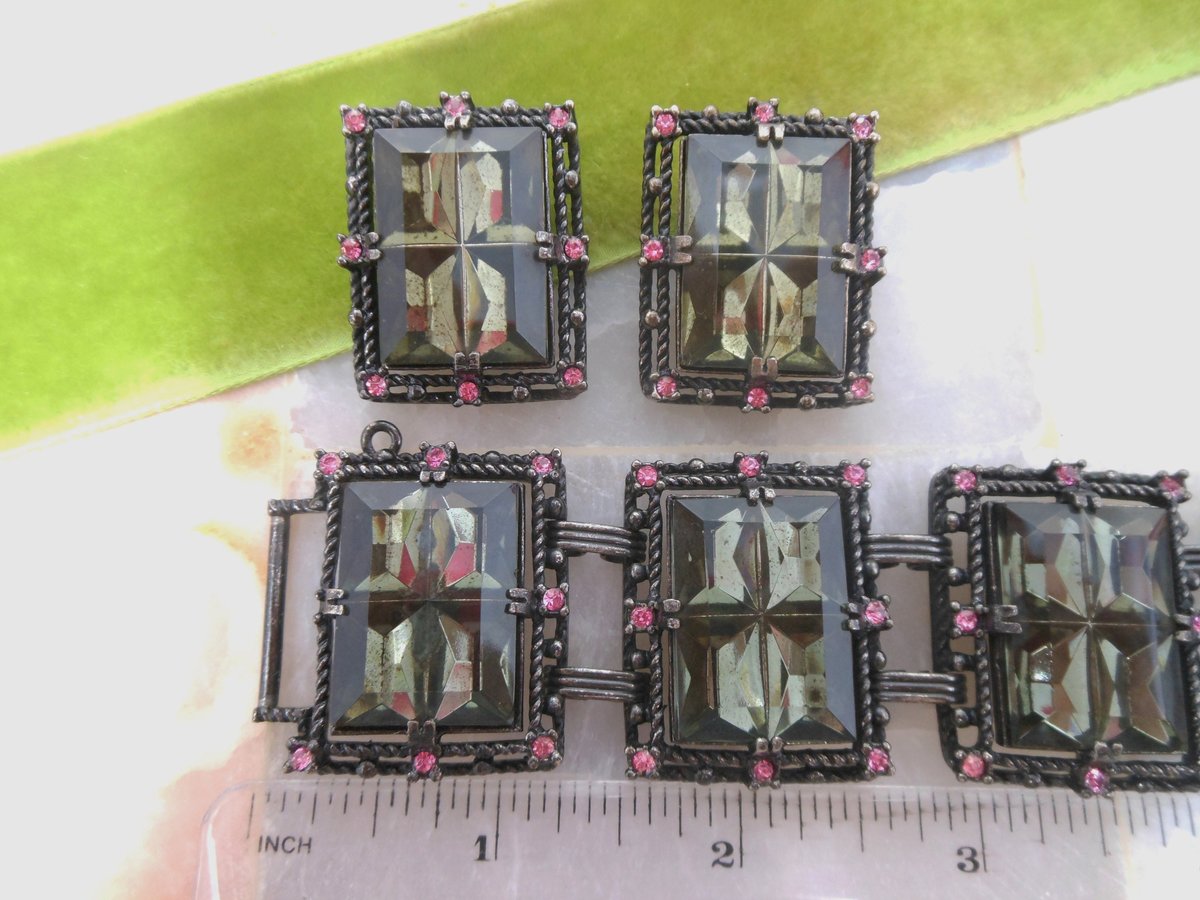 Vintage SARAH COVENTRY Bracelet Earring SET 1960s Midnight Magic Pink Rhinestone Gray Glass Designer Mid CenturyJewelry, VivianJoel.com