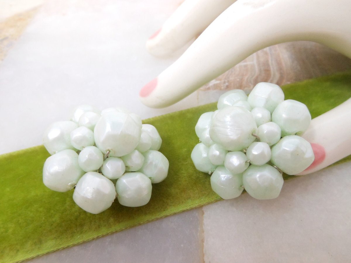 Vintage WEST GERMANY Earrings Chunky Bead Clip On Plastic Jumbo Mint Green Mid Century Jewelry Gift, VivianJoel.com