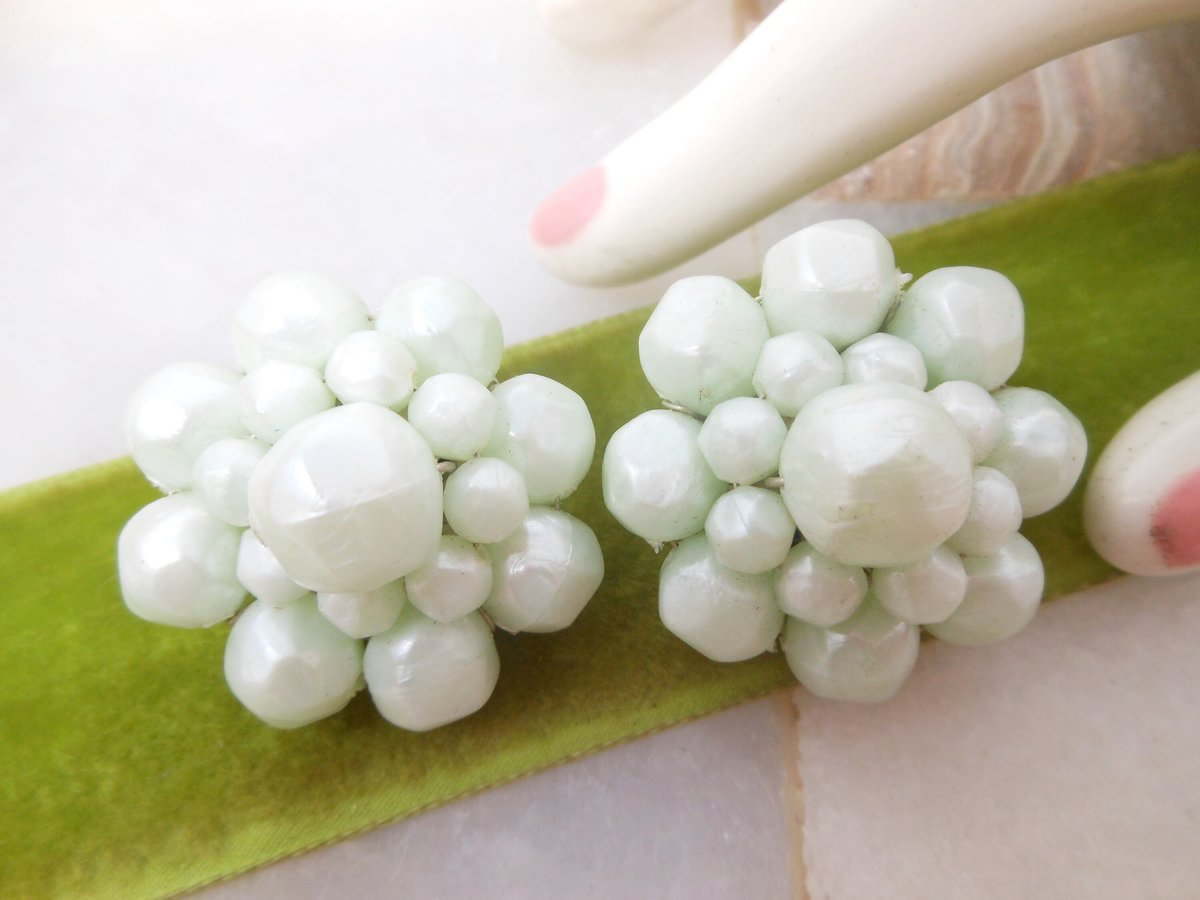 Vintage WEST GERMANY Earrings Chunky Bead Clip On Plastic Jumbo Mint Green Mid Century Jewelry Gift, VivianJoel.com