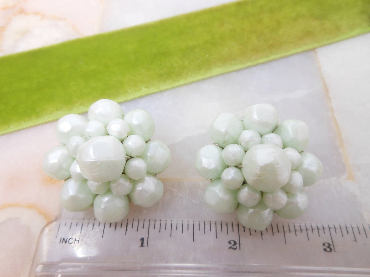 Vintage WEST GERMANY Earrings Chunky Bead Clip On Plastic Jumbo Mint Green Mid Century Jewelry Gift, VivianJoel.com