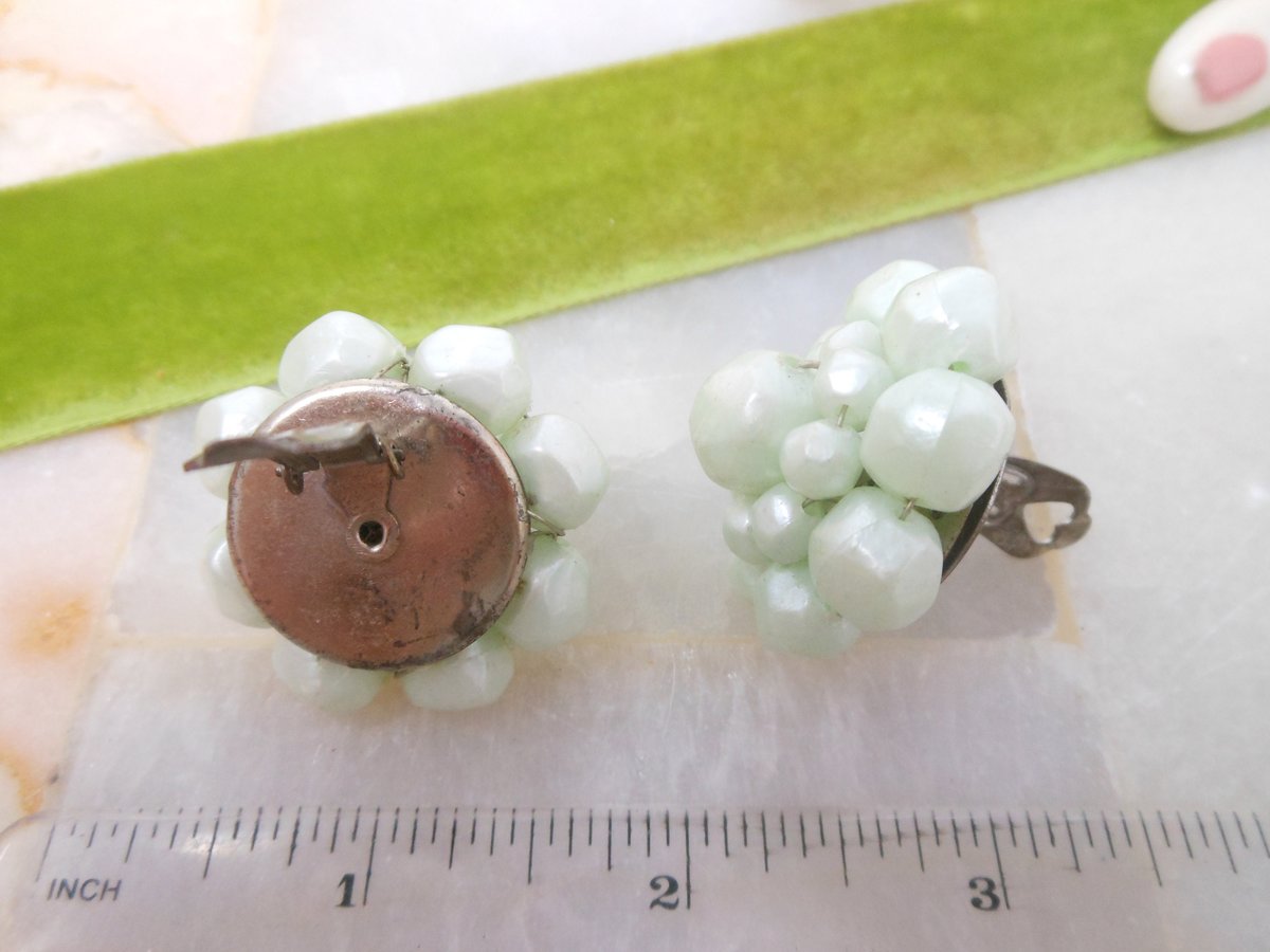 Vintage WEST GERMANY Earrings Chunky Bead Clip On Plastic Jumbo Mint Green Mid Century Jewelry Gift, VivianJoel.com