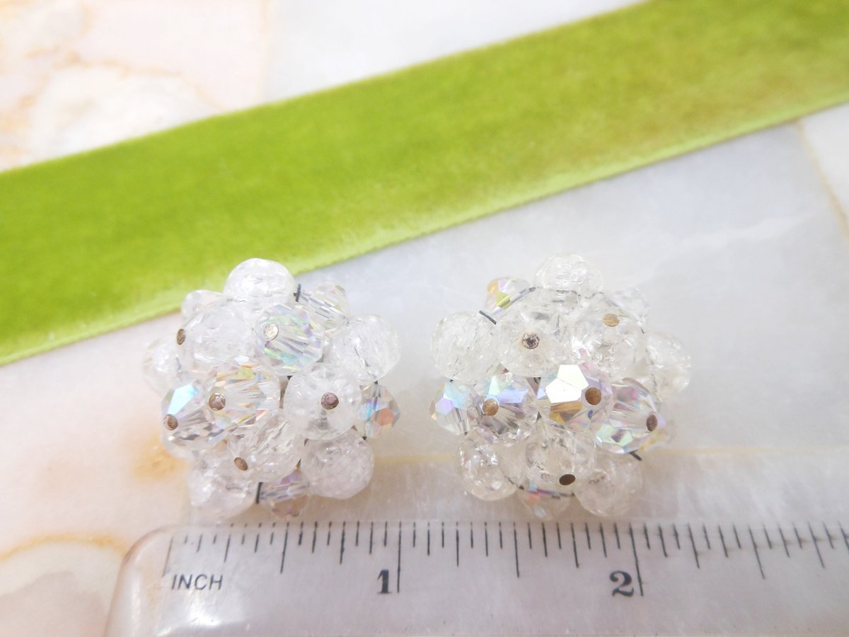 Vintage LAGUNA Snowball Earrings Clip On Crystal Cluster Bead Designer Plastic Crackle White Wedding Jewelry Mid Century, VivianJoel.com