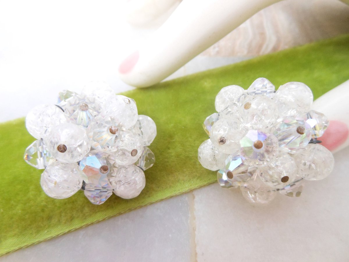 Vintage LAGUNA Snowball Earrings Clip On Crystal Cluster Bead Designer Plastic Crackle White Wedding Jewelry Mid Century, VivianJoel.com