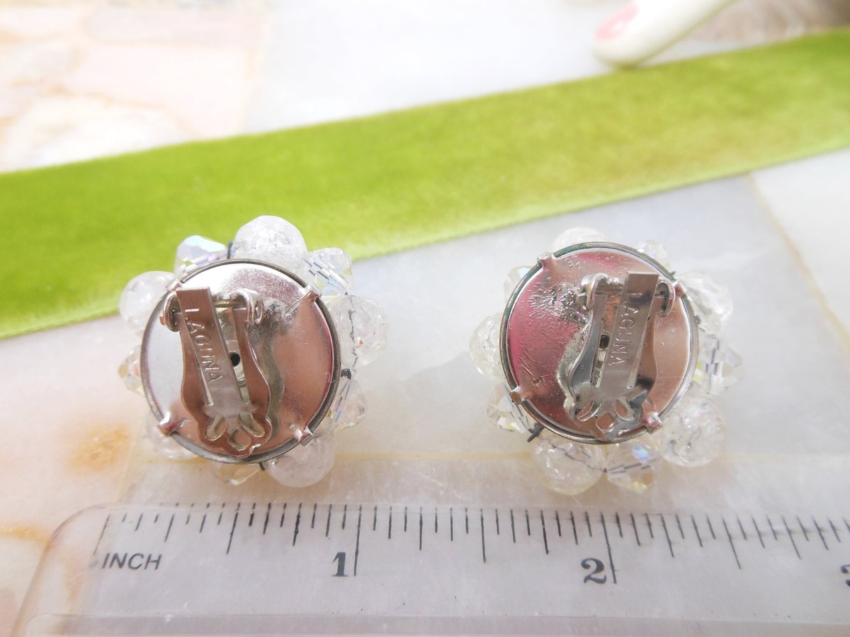 Vintage LAGUNA Snowball Earrings Clip On Crystal Cluster Bead Designer Plastic Crackle White Wedding Jewelry Mid Century, VivianJoel.com