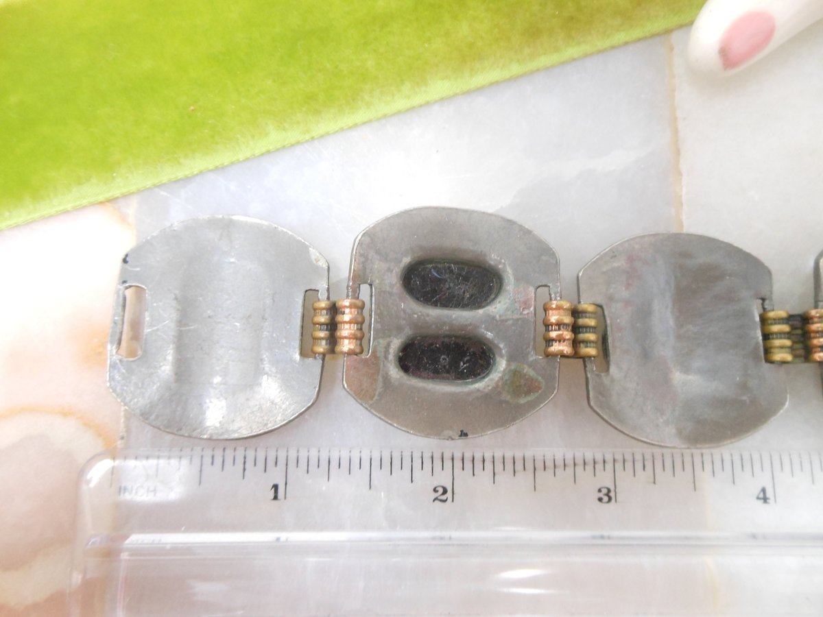 Vintage Egyptian Revival Enamel Link Bracelet Chunky Wide Face Jewelry Mid Century, VivianJoel.com