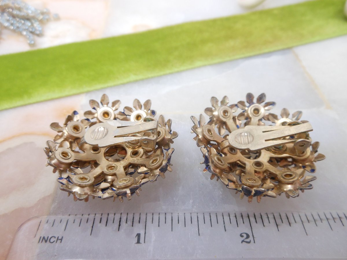 Vintage Flower Earrings Blue Rhinestone Clip On Enamel Jumbo Cluster Jewelry Gift Mid Century, VivianJoel.com