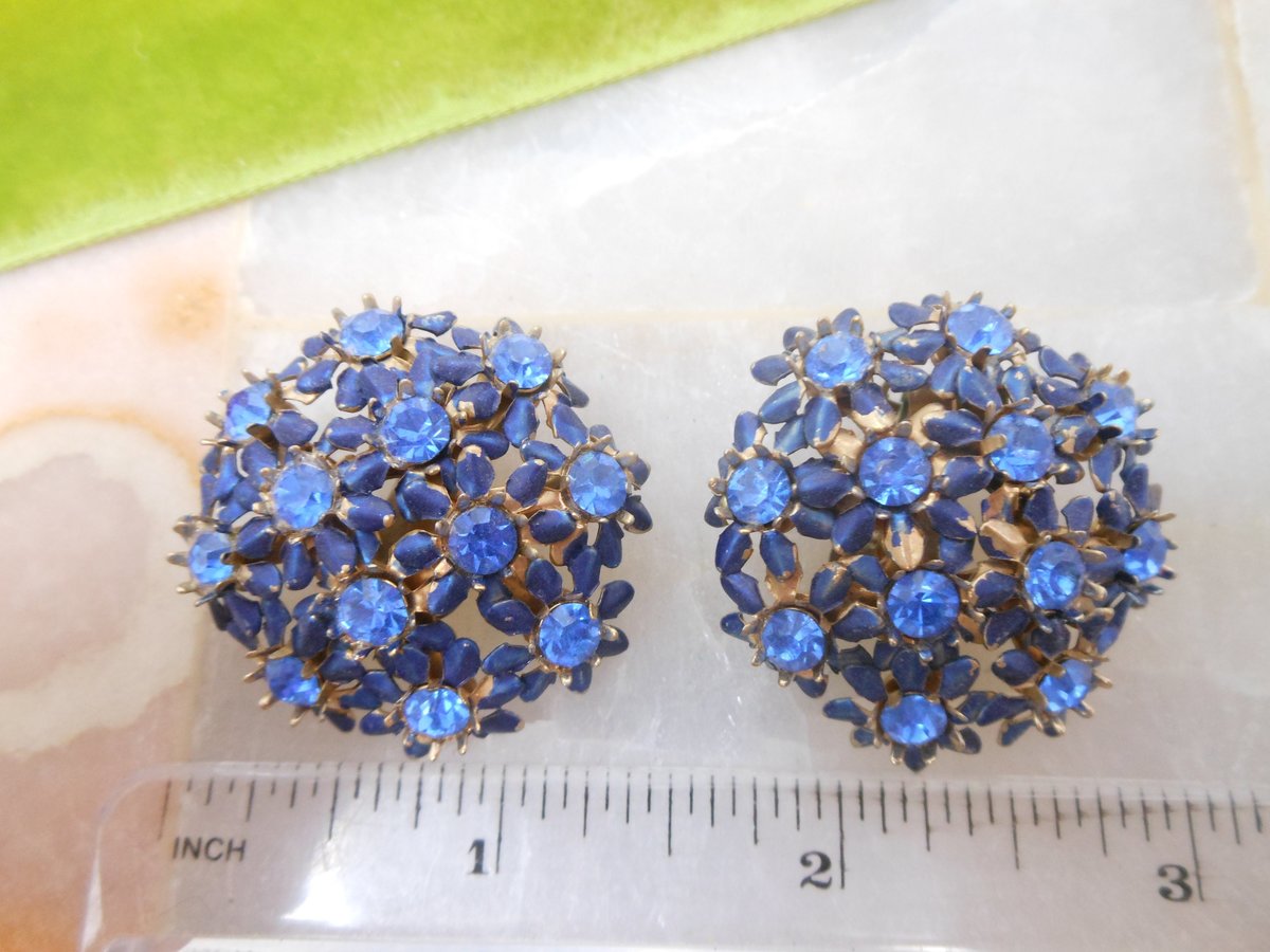 Vintage Flower Earrings Blue Rhinestone Clip On Enamel Jumbo Cluster Jewelry Gift Mid Century, VivianJoel.com